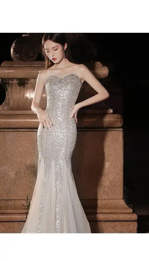 皮尔卡丹轻奢高档女装鱼尾晚礼服裙女2022新款宴会气质银色轻奢小众