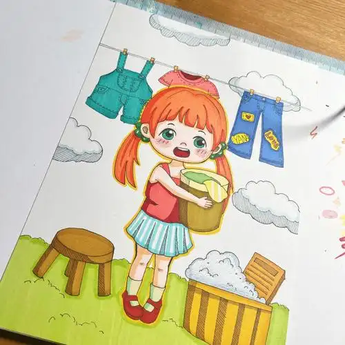 初级动漫儿童画原创洗衣服啦