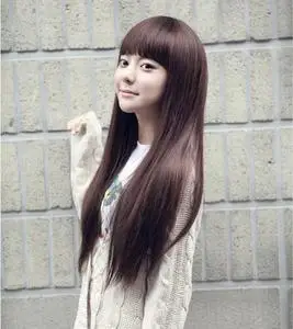 齐刘海长直发顺发 真人发丝假发套 修脸蓬松透气女时尚发型辩子发