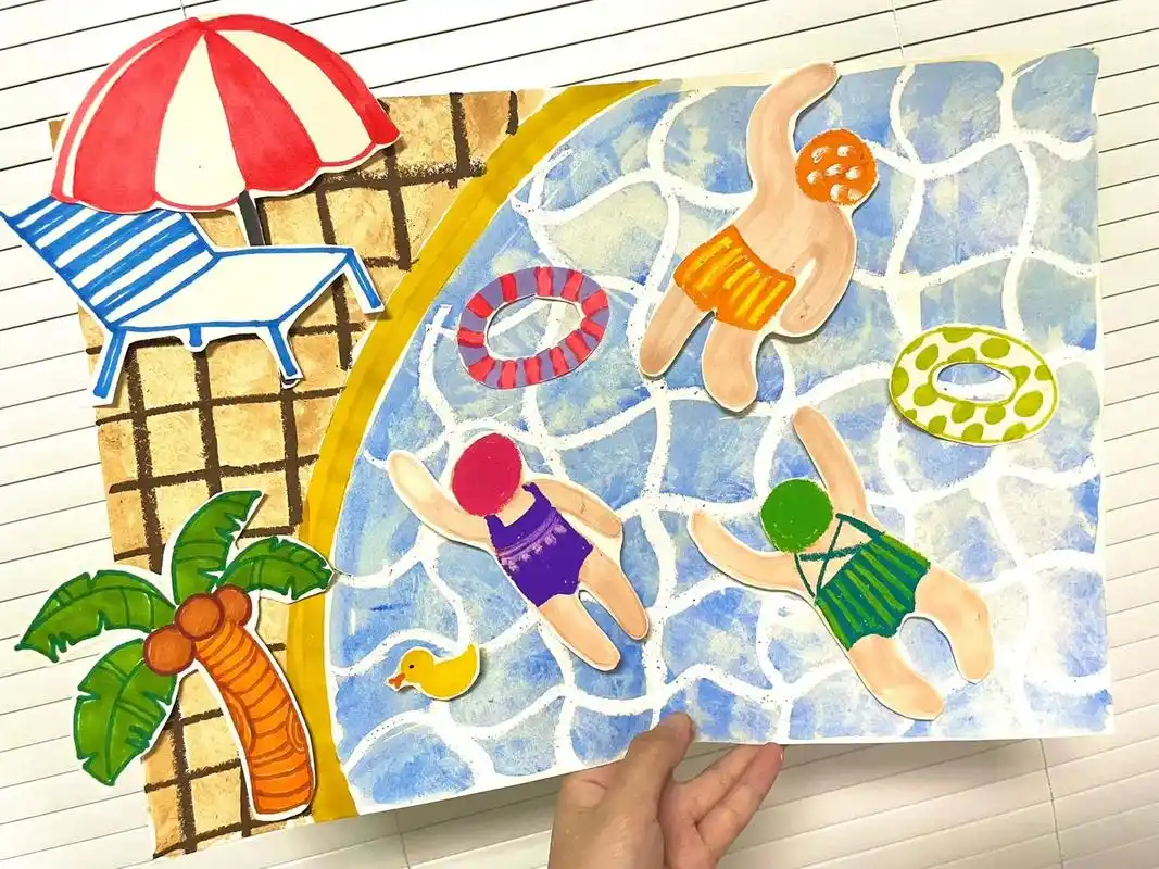 用水油分离的方法画出阳光下的泳池吧73.