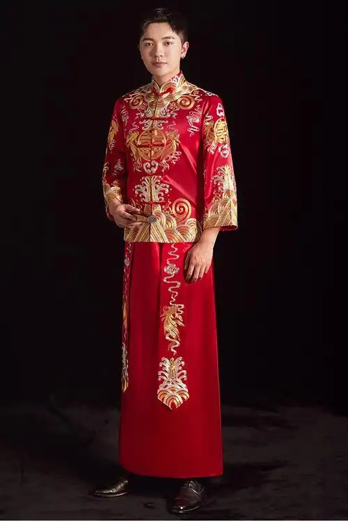 秀禾服男士新郎中式男款2022新款结婚结婚礼服男装唐装马褂 红色丨盘
