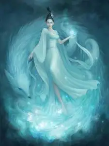 新款5d魔方钻石画十字绣唯美古风装饰青丘九尾狐传说星夜白狐人物