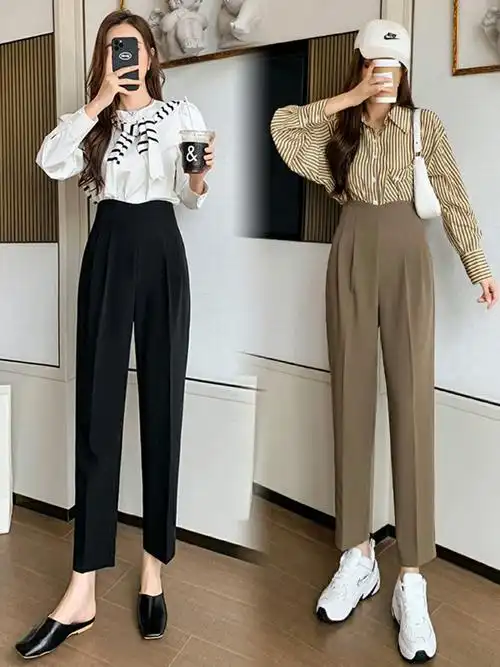 九分哈伦裤女网红白色直筒裤时尚后拉链西裤高腰萝卜裤休闲烟管裤