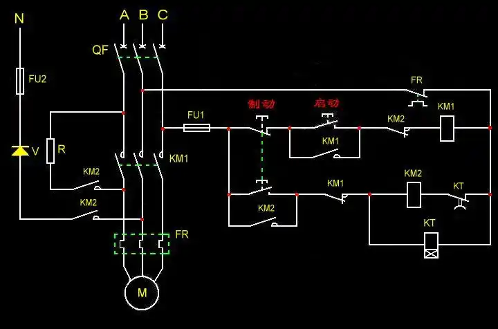 380v,1.5kw三相交流电机,利用直流制动怎么接线,需要哪些材料?