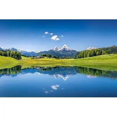 蓝天白云湖水倒影雪山冰川高原树木山水风景画书房卧室装饰画海报