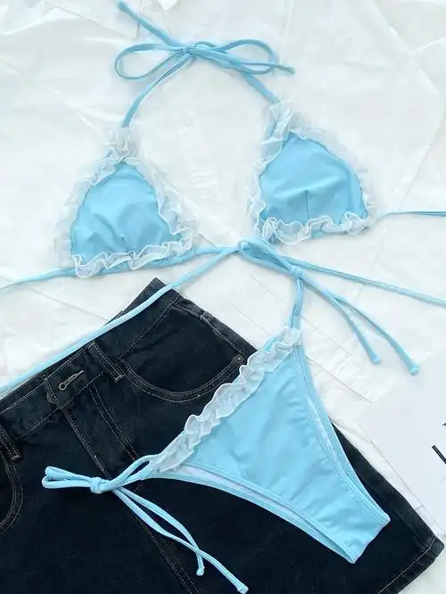 绑带性感分体游泳衣清纯少女花边三角比基尼沙滩比基尼