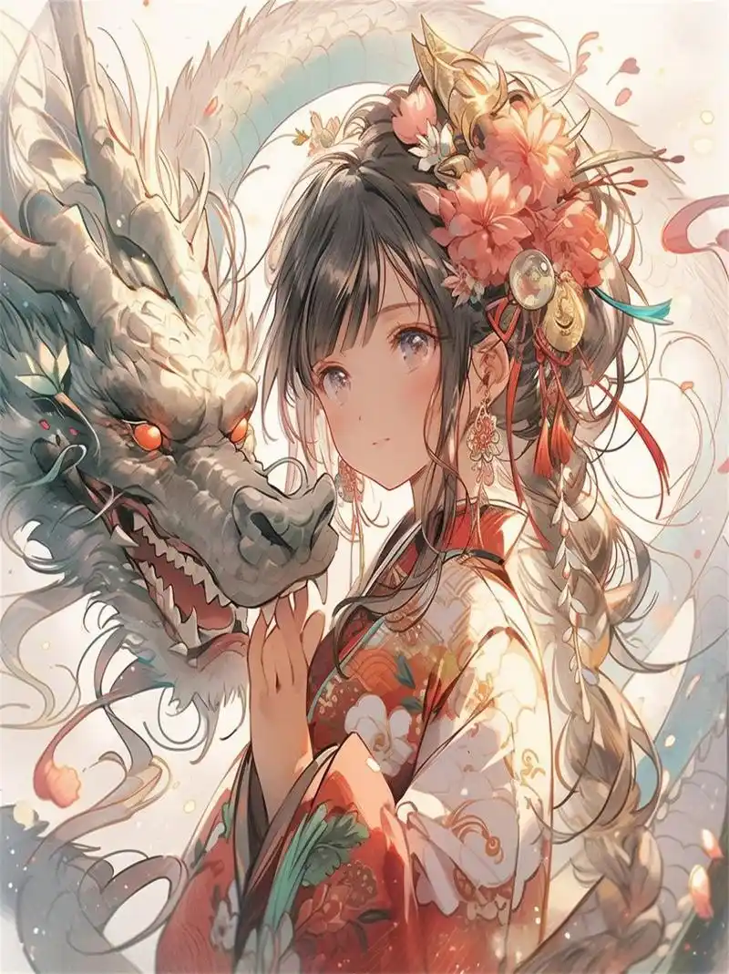 少女与龙  关键词:中国古风插画,帅气的中国女孩穿着中国服装,背景是