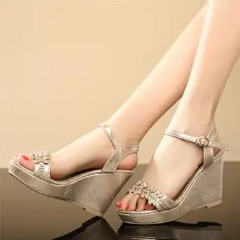 欧瑞佳 欧美女士凉鞋水钻坡跟鱼嘴鞋高跟鞋夜店宴会女鞋子 金色 36