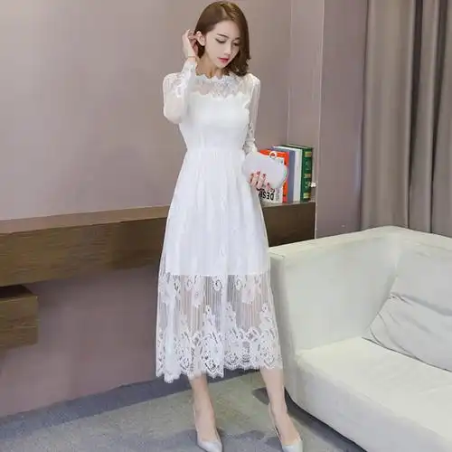 韩国长袖白色蕾丝修身显瘦沙滩长裙连衣裙(组图)-昕薇网