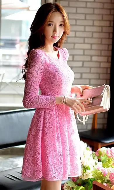 蕾丝连衣裙粉红大布娃娃2016春装新款女装修身蓬蓬裙长袖连衣裙春