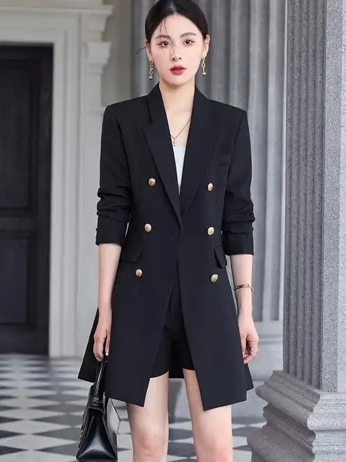 高级感黑色西装外套女中长款秋装韩版气质女神范修身西服大衣秋冬图片