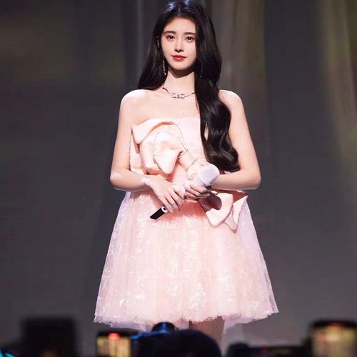 2421鞠婧祎同款新款薄纱亮钻蝴蝶结刺绣花朵抹胸裙女