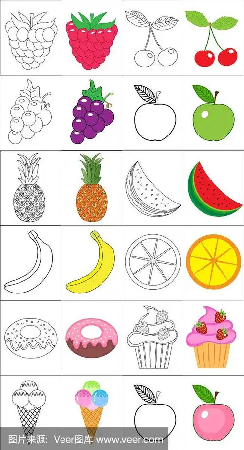 涂色书,书页设置水果收集素描