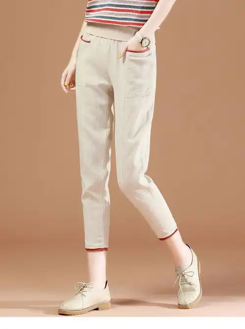 棉麻裤子女七分裤夏季薄款高腰韩版宽松休闲裤40岁女裤妈妈九分裤米