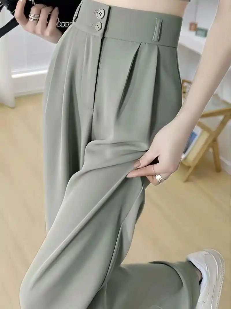 冰丝夏季薄款双扣小个子西装裤女高腰垂感休闲宽松拖地阔腿裤!