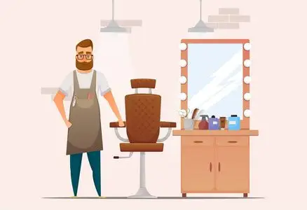 工作理发师在理发店工作的卡通胡子理发师留在附近的椅子.