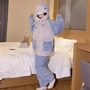 卡通鲨鱼珊瑚绒睡衣女冬季260克长毛绒睡衣鲨鱼套装m-xxl图片