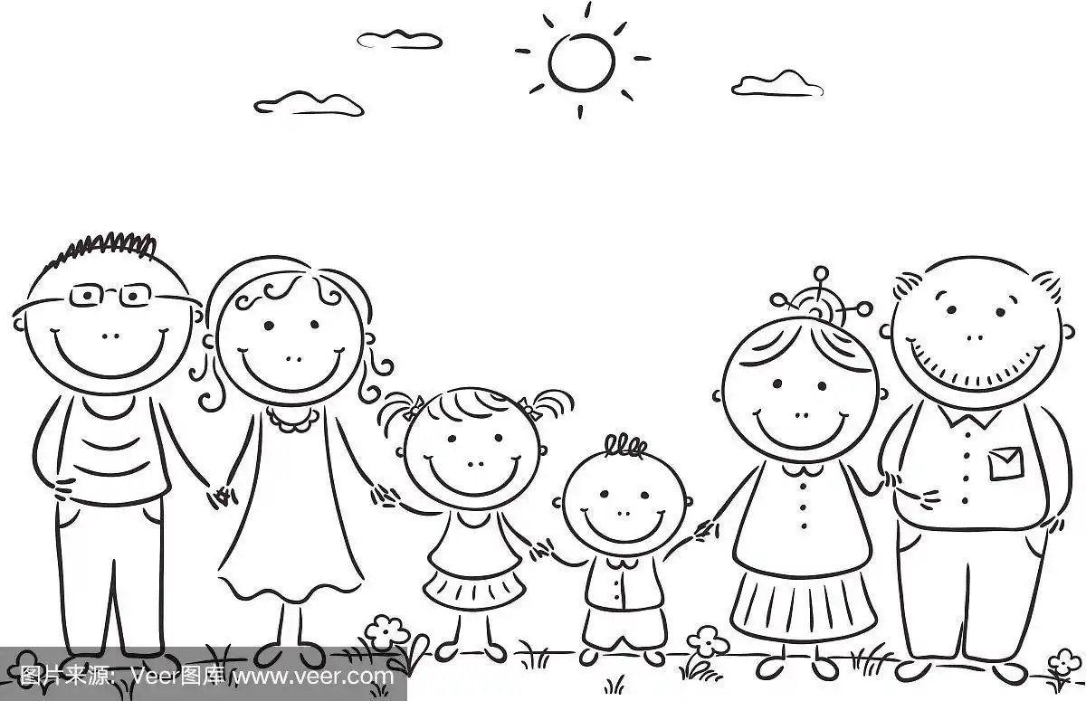 两个孩子的家庭,祖父母,动画片,幸福,儿童画