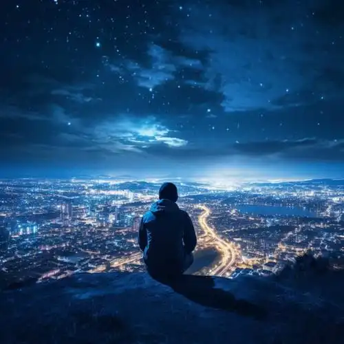 深夜男人山顶独自面对城市喧嚣灯火男生背影头像 ai孤独感星空下失恋
