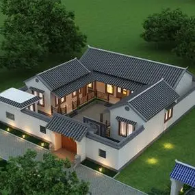 a865一层三合院别墅设计图纸中式徽派仿古新农村自建房四合院效果