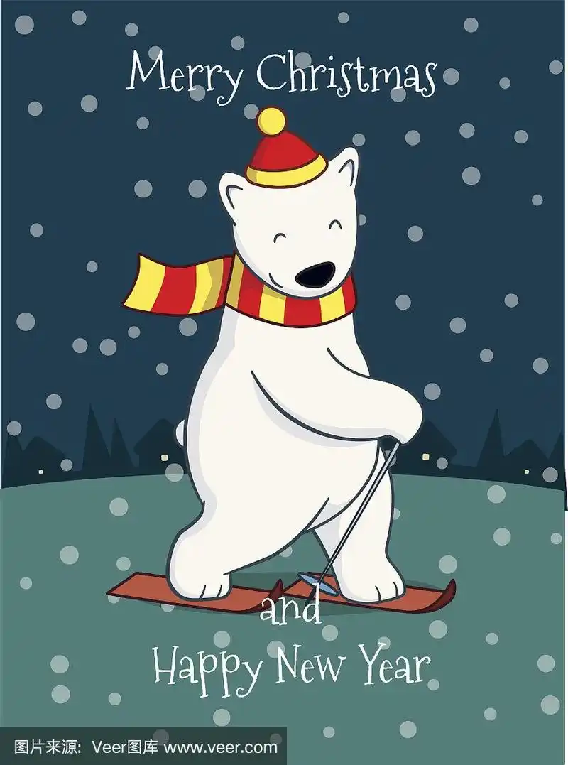 可爱的卡通北极熊滑雪