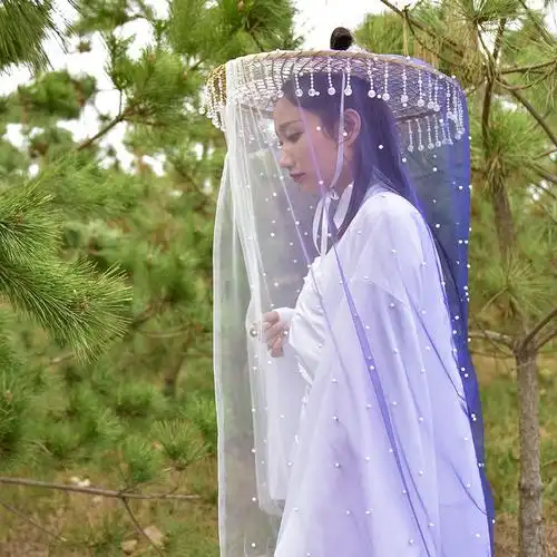 心墨染新品面纱古风古装帽子面纱斗汉服帽子女斗笠古风流苏水晶帘帷幕