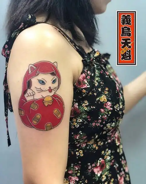 全程圆五针作品(招财猫)纹身图片_手臂手部老传统纹身图案