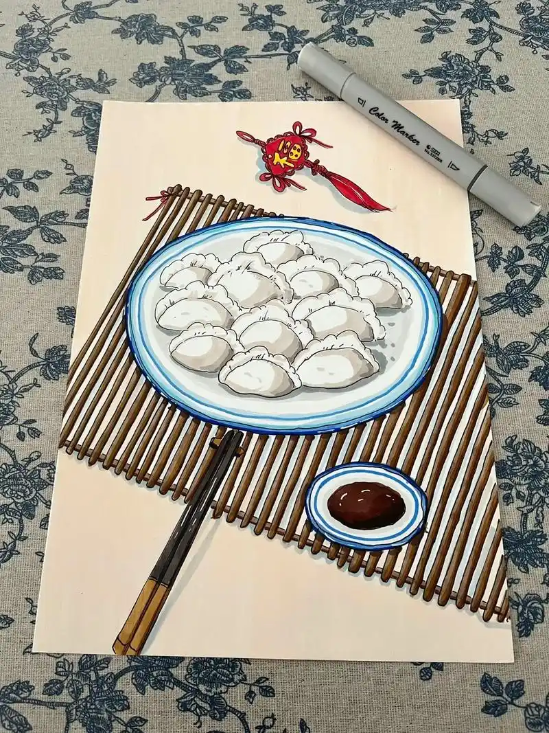 马克笔主题『饺子』.#图文伙伴计划 #传统文化 #一起学画画 - 抖音