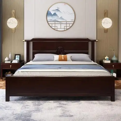 尔迈实木床现代中式卧室双人床18米胡桃色