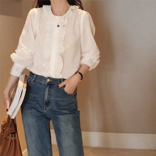 特2023夏季新女士衬衫 唯美bi入白色时髦温柔荷叶边造型精致衬衣