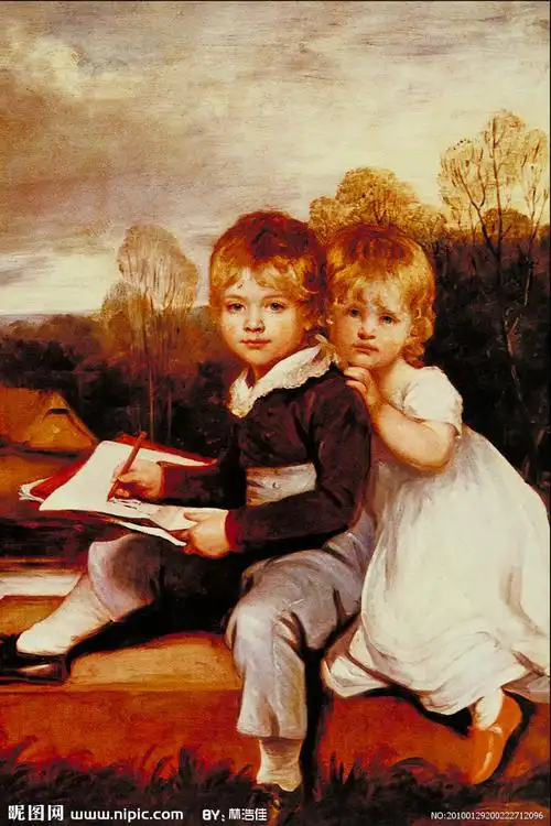 油画姐弟图片