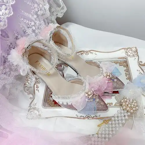 少女lolita手作蓝紫色花嫁高跟鞋蝶语九歌樱茶明月洛丽塔鞋类