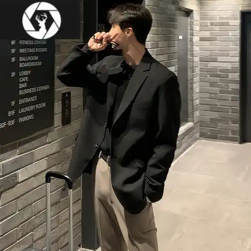 hongzun小西装男外套结婚正装痞帅高级设计感黑色潮韩版休闲宽松西服