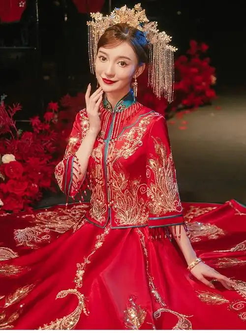 枝己zeimssmm秀禾服新娘2022新款撞色中式婚纱结婚礼服古装旗袍敬酒服