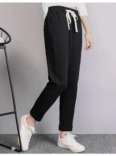 黑色束脚运动裤女胖mm秋冬装宽松大码宽松腰萝卜哈伦裤女休闲裤子_7折