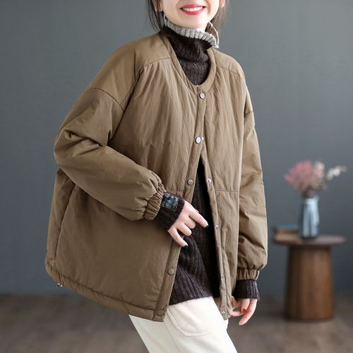 代勒文艺范基础款磨砂圆领棉衣女士短款宽松棉袄休闲纯色棉服外套