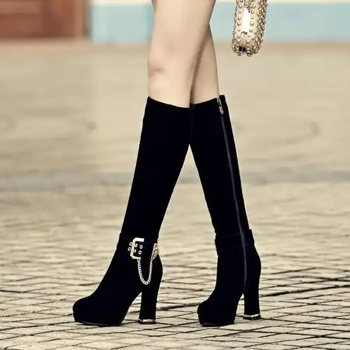 2015欧美新款女 长靴长筒靴 高跟 粗跟保暖棉靴 秋冬女靴包邮