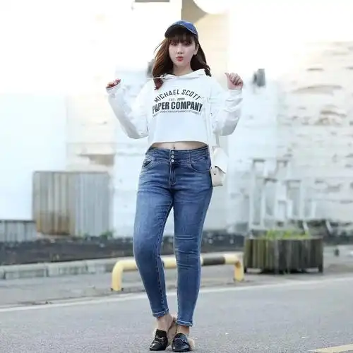 jeandaxia9298大码女装胖女孩三粒扣高腰显瘦显腿长休闲牛仔裤秋