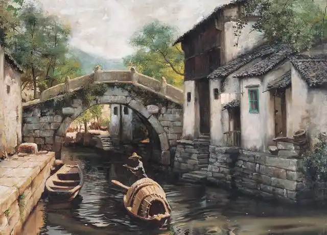 油画江南水乡——水榭清音,小楼听雨,烟雨朦胧,青石板