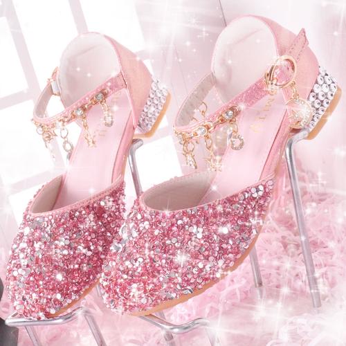 女童秋鞋新款2022粉色演出礼服水晶鞋儿童高跟鞋女公主女宝小皮鞋