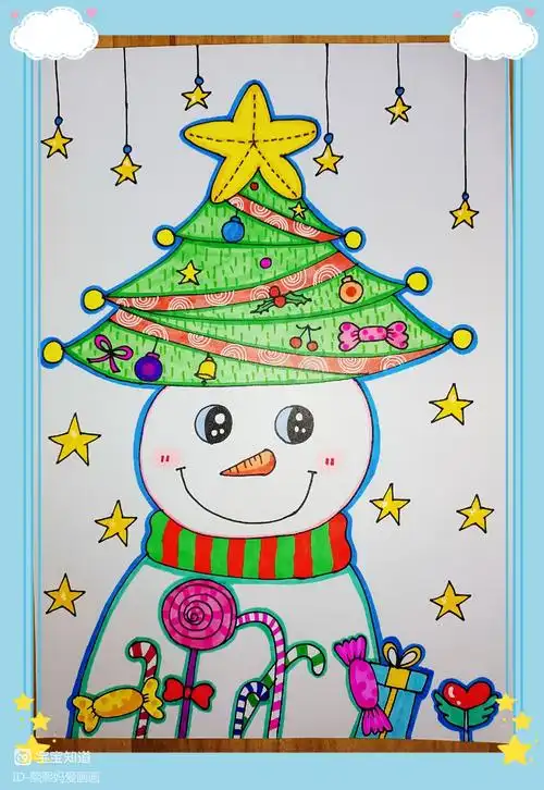 画一幅雪人与圣诞树欢迎圣诞节