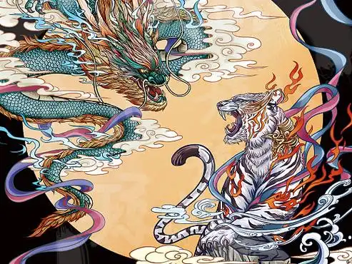 山海经神兽 龙虎系列《龙腾虎啸》插画-商业插画897689