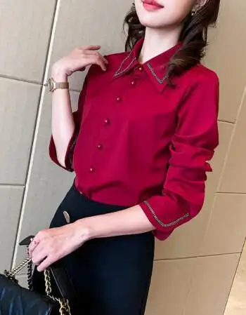 优雅女式春天显瘦红色内搭衬衫女春装流行上衣洋气雪纺衬衫酒红色s