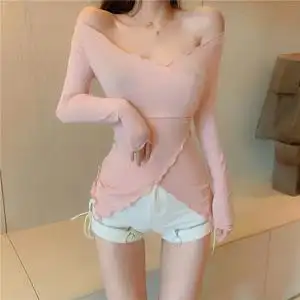 网红款直播衣服性感上镜女主播服装一字肩低胸露肩不规则t恤上衣