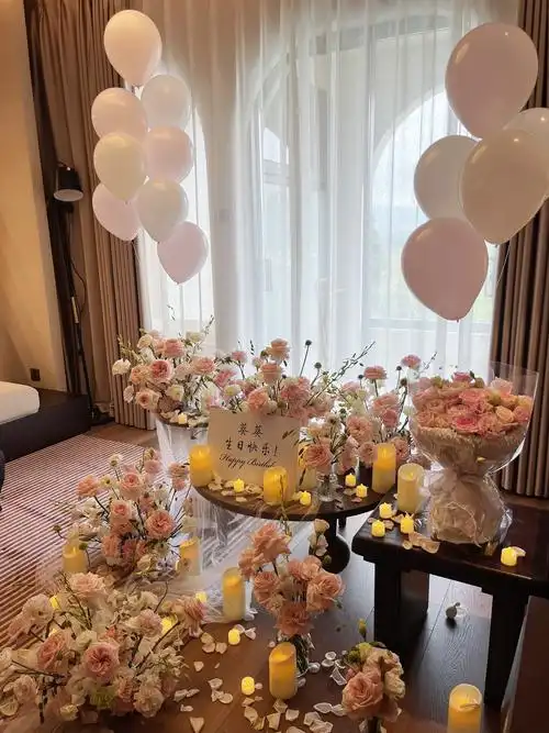 小预算房间生日惊喜布置,鲜花气球浪漫布置
