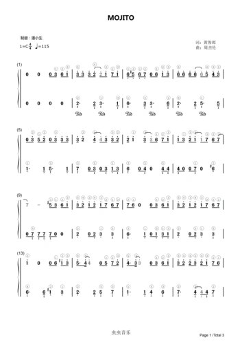 [简谱] mojito 完整指法 c调 周杰伦 新曲 简化版