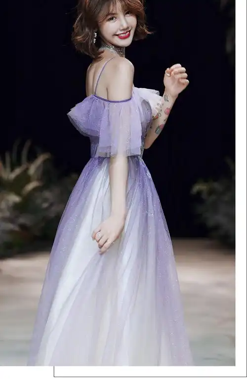 渐变紫色主持人星空模特走秀轻奢敬酒服一字肩年会18岁成年晚礼服