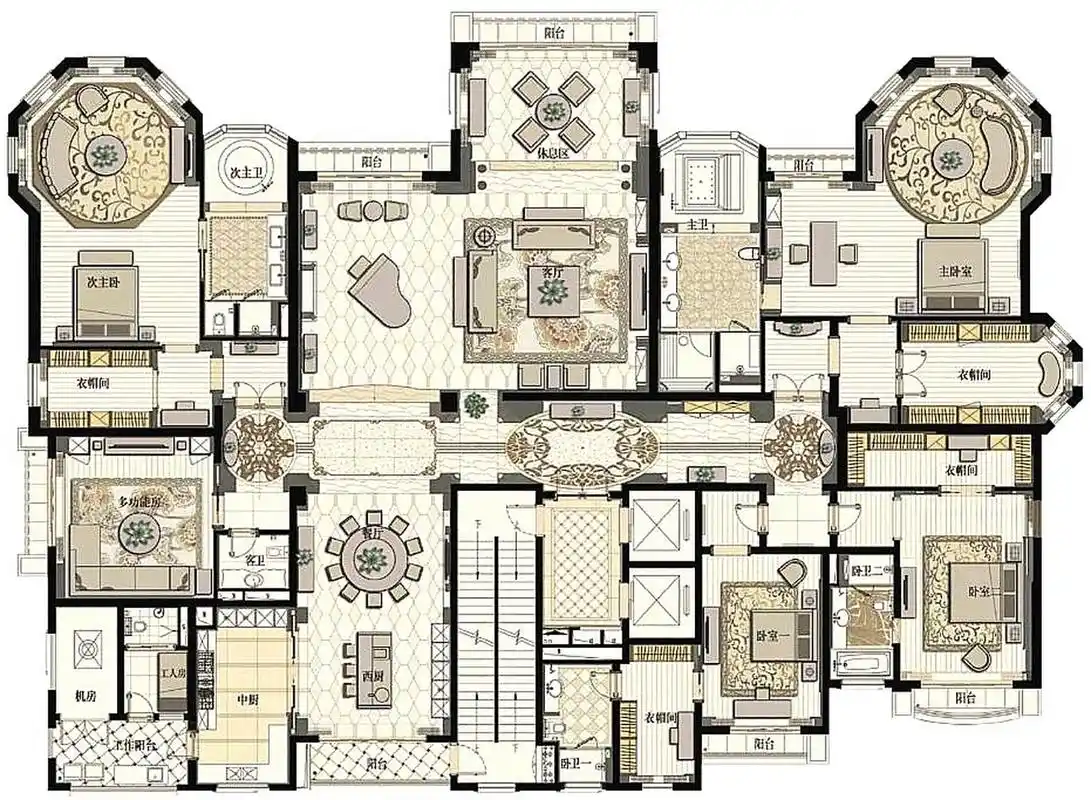 这是一套面积接近400平米的大平层,四房四厅五卫的格局,而朝向是坐