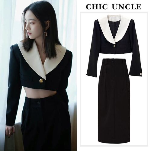 李庚希明星同款大翻领超短款西装外套女娃娃领长袖西服小香风套装
