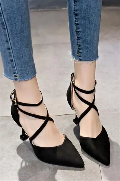 性感绑带高跟鞋女细跟尖头单鞋一字扣跟鞋女2020春款新款女鞋